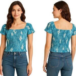 Barefoot Attitude Blue Smocked Stretch Tie-Dye Off Shoulder Top Size Large